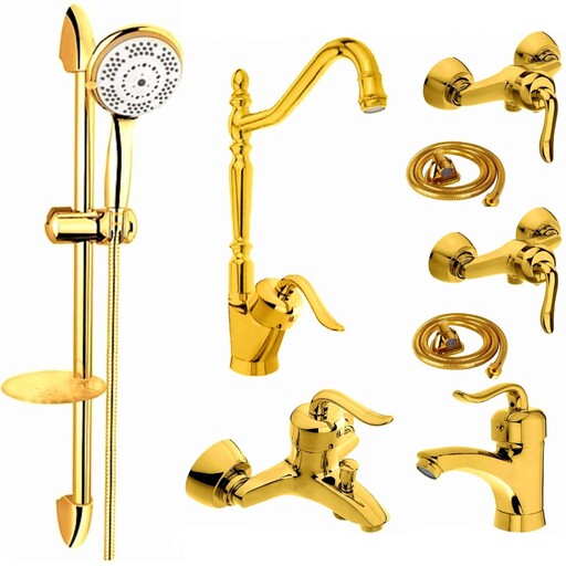 ست شیرالات رز مدل بیزانس مکس مجموعه 8 عددی طلایی به همراه علم دوش حمام و شلنگ سرویس بهداشتی 