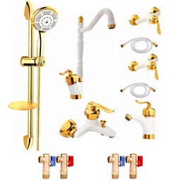 ست شیرالات رز مدل بیزانس مکس مجموعه 12 عددی سفید طلایی همراه علم دوش حمام و شلنگ سرویس بهداشتی 