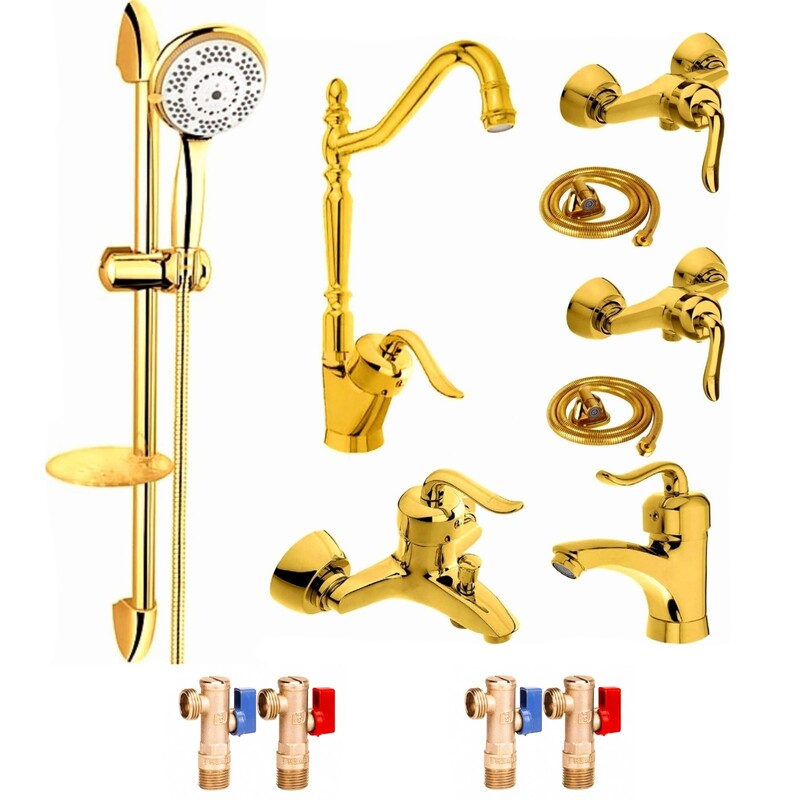 ست شیرالات رز مدل بیزانس مکس مجموعه 12 عددی طلایی به همراه علم دوش حمام و شلنگ سرویس بهداشتی 