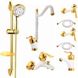 ست شیرالات رز مدل بیزانس مکس مجموعه 8 عددی سفید طلایی به همراه علم دوش حمام و شلنگ سرویس بهداشتی 