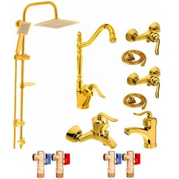 ست شیرآلات رز مدل بیزانس لایت مجموعه 12 عددی طلایی به همراه علم دوش حمام دوکاره تمام استیل و شلنگ توالت برنجی 