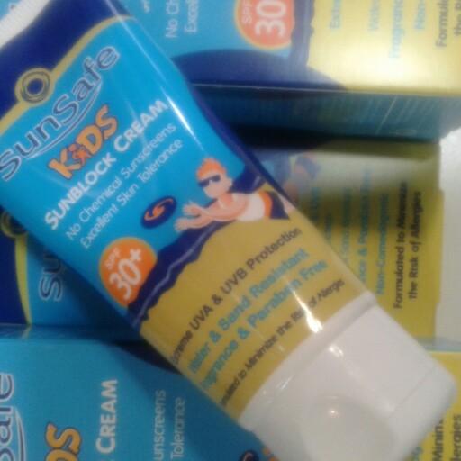 ضد آفتاب کودک سان سیف spf30 فاقد جاذبه های شیمیایی مناسب جهت کودکان و پوست های حساس
