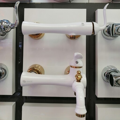 شیرآلات سفید طلایی تنه سنگین رابو با هفت سال ضمانت تعویض بی قید و شرط شیر روشویی توالت دوش و ظرفشویی