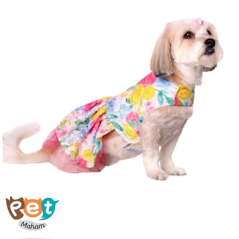 لباس سگ و گربه پیراهن توری دار خامه دوزی مناسب سگ 3 تا 10 کیلو  مدیم لارج ایکس طرح گل زرد