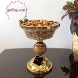 آجیل خوری شیشه آبگز  پایه چوبی گل رز طلایی کد 1406