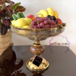 میوه خوری پایه چوبی شیشه آبگز  گل رز  طلایی