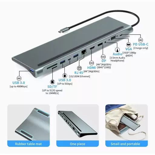 داک استیشن هاب 12 پورت استند USB C فول پورت PD 87w دوگانه HDMI