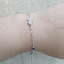 دستبند نقره زنانه طرح قلب دوتایی ایتالیایی عیار 925 با آبکاری طلا سفید