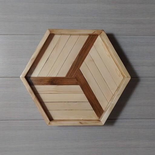 سینی چوبی پذیرایی شش ضلعی بزرگ دست ساز پایه دار طرح بنز HADIWOOD 