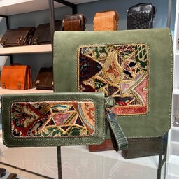 ست کیف دوشی ترکیب چرم طبیعی و فرش ابریشم دست بافت و کیف دستی 