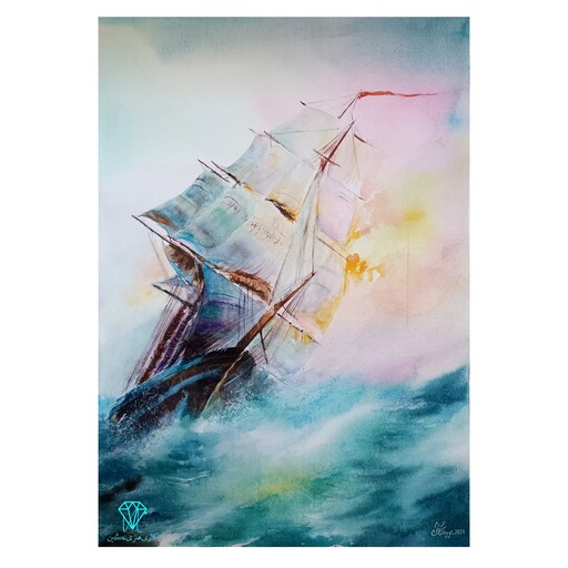 تابلو نقاشی آبرنگ طرح کشتی در طوفان (دارای قاب و پاسپارتو) با ابعاد 60در80