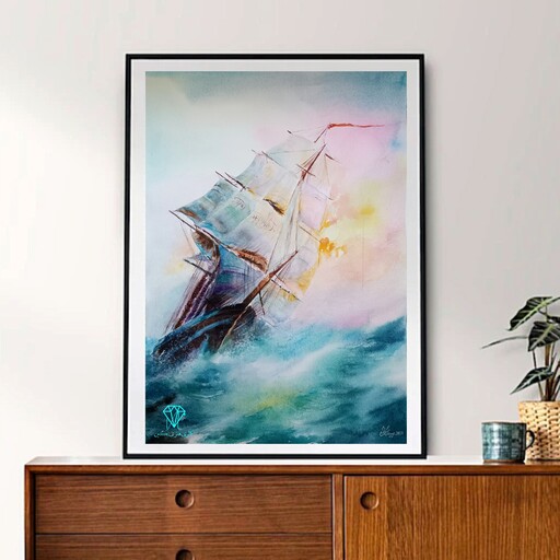 تابلو نقاشی آبرنگ طرح کشتی در طوفان (دارای قاب و پاسپارتو) با ابعاد 60در80