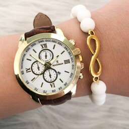 ساعت زنانه بند چرمی مارک رومانسون و دستبند مهره سفید