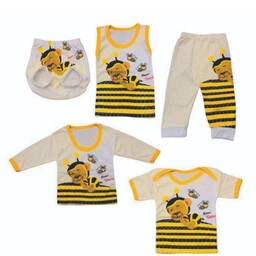 لباس نوزادی 5 تکه طرح زنبور  با جنس پنبه دورو از 1 ماه تا 1 سال