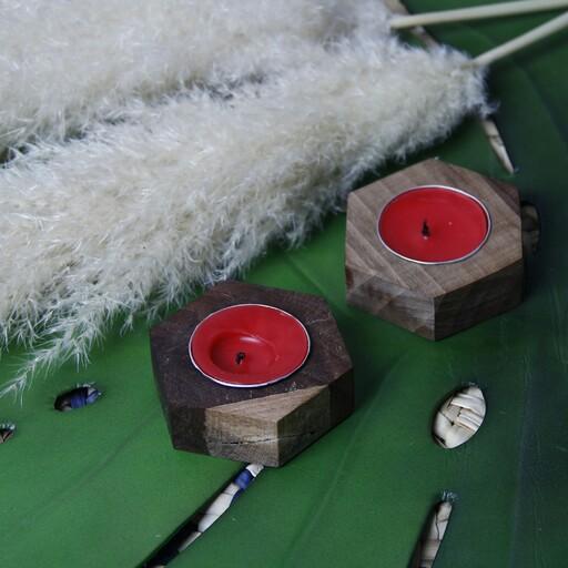 جا شمعی چوبی مدل شش ضلعی ،چوب گردو  با روغن طبیعی رنگ کرمی و قهوه ای سوخته 