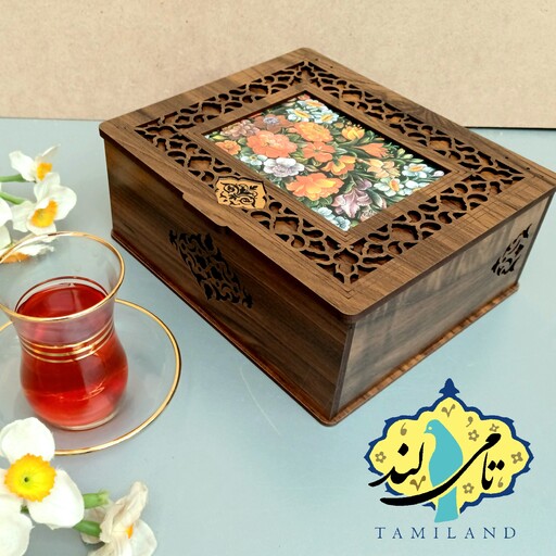 جعبه دمنوش و تنقلات چوبی لوکس پنج خانه طرح گل و بوته