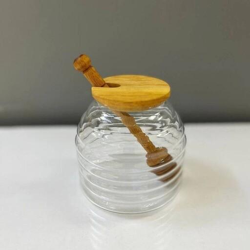 ظرف عسل خوری درب چوب با قاشق چوبی شیشه ای دنیز
