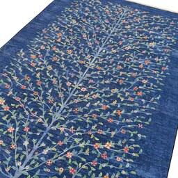 فرش ماشینی مرینوس طرح شکوفه زمینه آبی کد 1.00018
