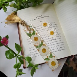 نشانگر کتاب با گل طبیعی بابونه و برگ سبز، وزن سبک ، شفاف ، شیشه ای و براق .