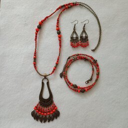 دخترانه و زنانه سرویس سنتی نارنجی گردنبند گوشواره دستبند 