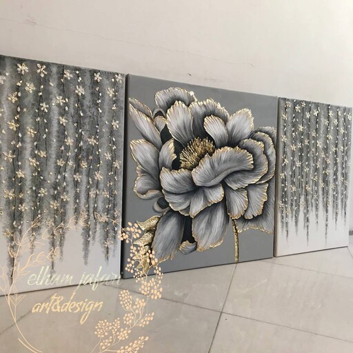 تابلو نقاشی دکوراتیو گل و ریسه گل برجسته و کار شده با ورق طلا