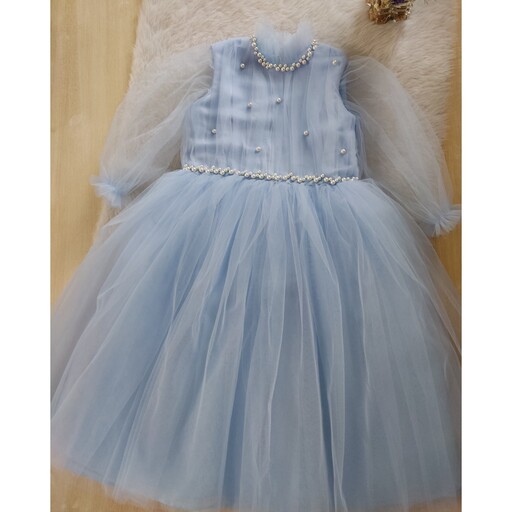 پیراهن دخترانه و لباس عروس بچگانه مرواریدی توری بلند(مزون دوز  آستر دوزی) سایز  1 تا 12 سال کد 024