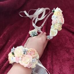 دستبند گل مصنوعی و انگشتر وتاج گل مناسب  عروس  ساقدوش  تولد آتلیه  نامزدی حنابندان 
