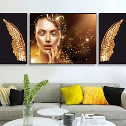 تابلو دکوراتیو دختر زیبا وبال فرشته طلایی با زمینه مشکی سه تکه