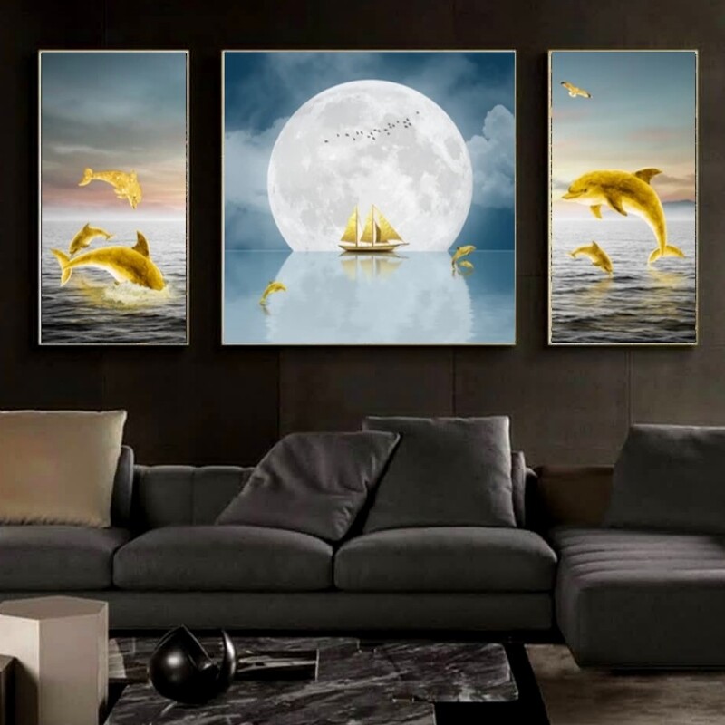 تابلو دکوراتیو ماه،قایق بادبانی ودلفین ها سه تکه
