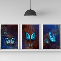 تابلو دکوراتیو فانتزی طرح پروانه های آبی وطلایی سه تکه