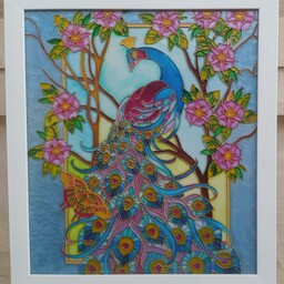 تابلو ویترای طرح طاووس محصول گالری هنری نارنجستون آرت 