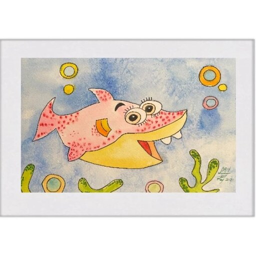 تابلو نقاشی آبرنگ نقش رنگ مدل ماهی-کودک S145 اندازه 30x20x2
