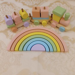 قطار چوبی چرخدار و متحرک  رنگ شده مناسب سیسمونی و اسباب بازی کودک رنگاچوب