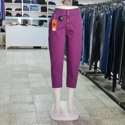 شلوار جین رنگ بنفش،قد 90،پشت کمر کش،فاق بلند،تولید ایران،مدل مام 