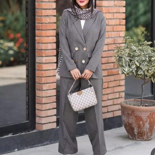 کت و شلوار  رسمی زنانه مدل زارا جنس پارچه کرپ کره ای در دو رنگ طوسی روشن و تیره  مانتو شلوار