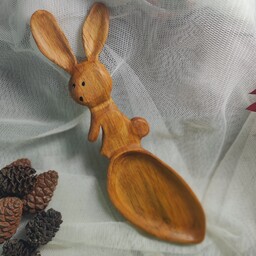 قاشق آجیل قاشق کودک چوبی طرح خرگوش منبت کاری با رنگ طبیعی 
