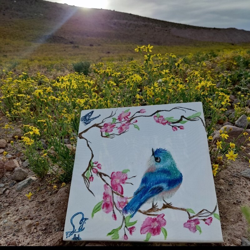 تابلو نقاشی رنگ روغن پرنده دربهار اندازه30در30