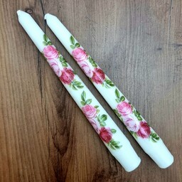 شمع قلمی 20 سانت جفتی دستساز طر ح گل سنتی رز سه تایی صورتی