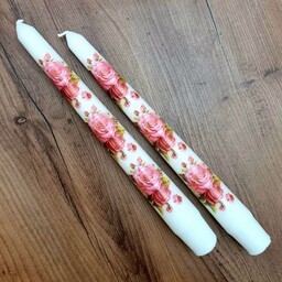 شمع قلمی 20 سانت جفتی دستساز طر ح گل سنتی رز بزرگ دوتایی