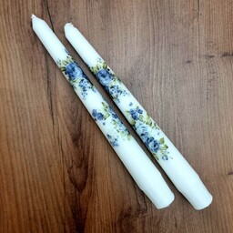 شمع قلمی 20 سانت جفتی دستساز طر ح گل سنتی آبی نوستالژی