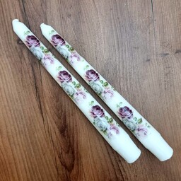 شمع قلمی 20 سانت جفتی دستساز طر ح گل سنتی رز سه تایی بنفش