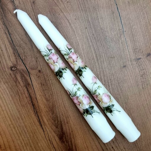 شمع قلمی 20 سانت جفتی دستساز طر ح گل سنتی دسته رز صورتی