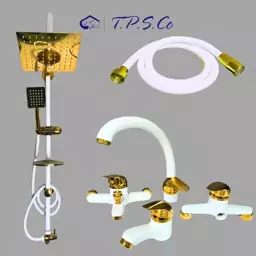 ست 6 تکه سفید طلا شیرآلات دسته اردکی+ شلنگ و دوش