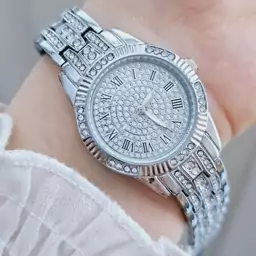 ساعت مچی زنانه فول نگین ROLEX رولکس بند استیل نقره ایی صفحه نمایش گرد مجلسی شیک و جدید کد 9089