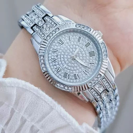 ساعت مچی زنانه فول نگین ROLEX رولکس بند استیل نقره ایی صفحه نمایش گرد مجلسی شیک و جدید کد 9089