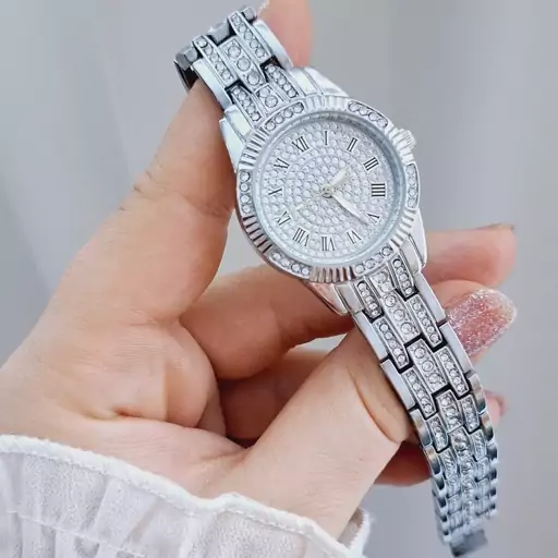 ساعت مچی زنانه فول نگین ROLEX رولکس بند استیل نقره ایی صفحه نمایش گرد مجلسی شیک و جدید کد 9089