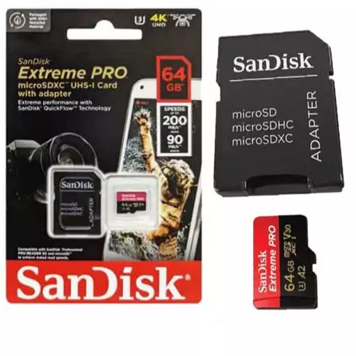 رم میکرو 64 گیگ سن دیسک SanDisk Extreme Pro V30 U3 A2 C10 200MB/s + خشاب