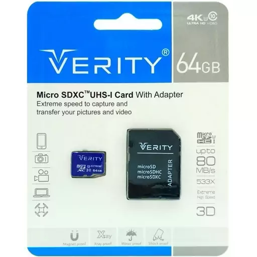 رم میکرو 64 گیگ وریتی Verity U3 C10 80MB/s + خشاب