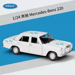 ماکت ماشین - مرسدس بنز 220 سفید - Mercedes Benz 220 - مقیاس 1.24 برند ویلی Welly - فلزی - فرمان پذیر - سه درب بازشو