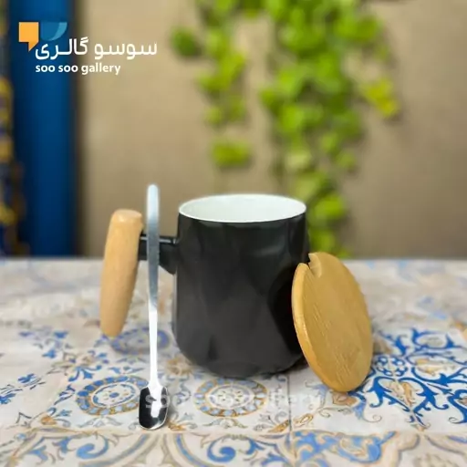 ماگ سرامیکی دسته بامبو درب دار